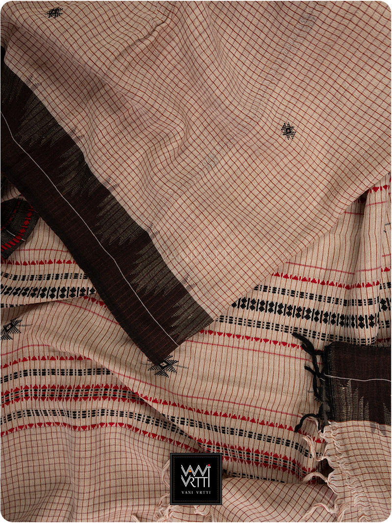 Moth Black Grey Checks Natural Dyed Phoda Kumbha Handwoven Cotton Tussar Kotpad Saree