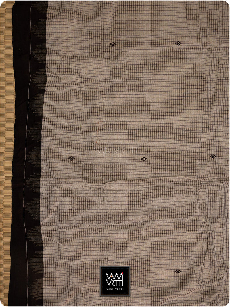 Moth Grey Black Checks Natural Dyed Phoda Kumbha Handwoven Cotton Tussar Kotpad Saree