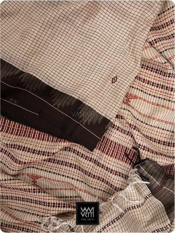 Moth Grey Black Checks Natural Dyed Phoda Kumbha Handwoven Cotton Tussar Kotpad Saree