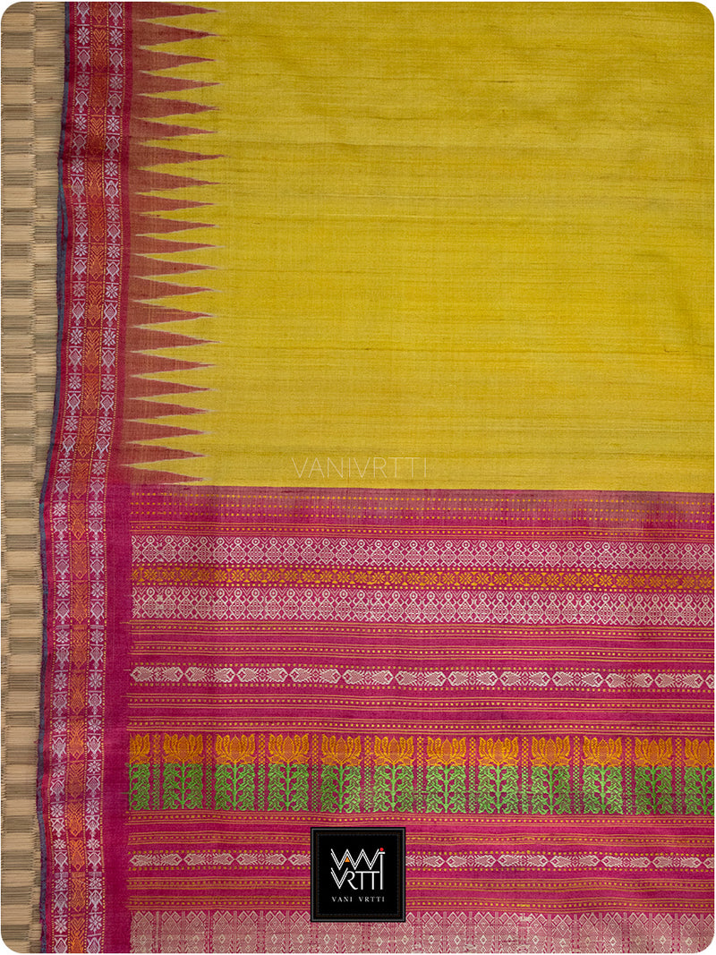 Banana Yellow Pink Kachhap Handspun Tussar Silk Saree