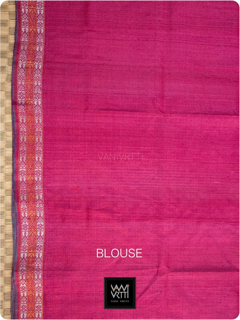 Banana Yellow Pink Kachhap Handspun Tussar Silk Saree