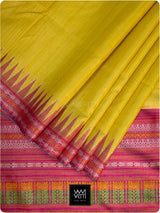 Banana Yellow Pink Kachhap Handspun Tussar Silk Saree