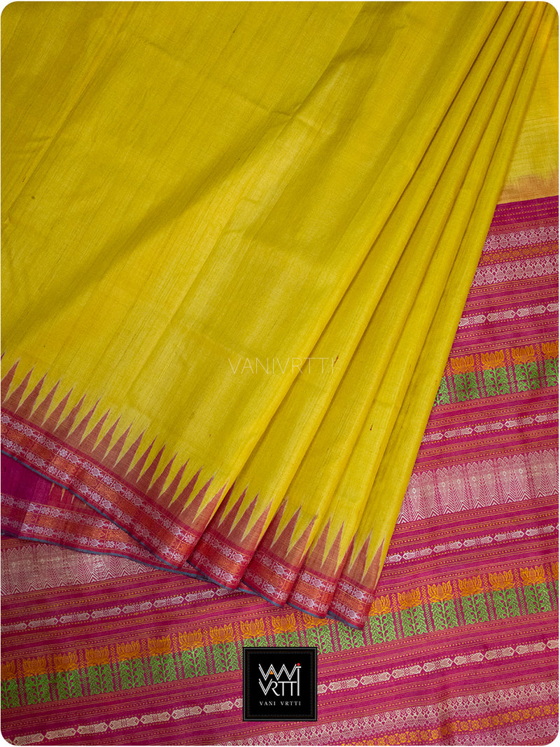 Banana Yellow Pink Kachhap Handspun Tussar Silk Saree