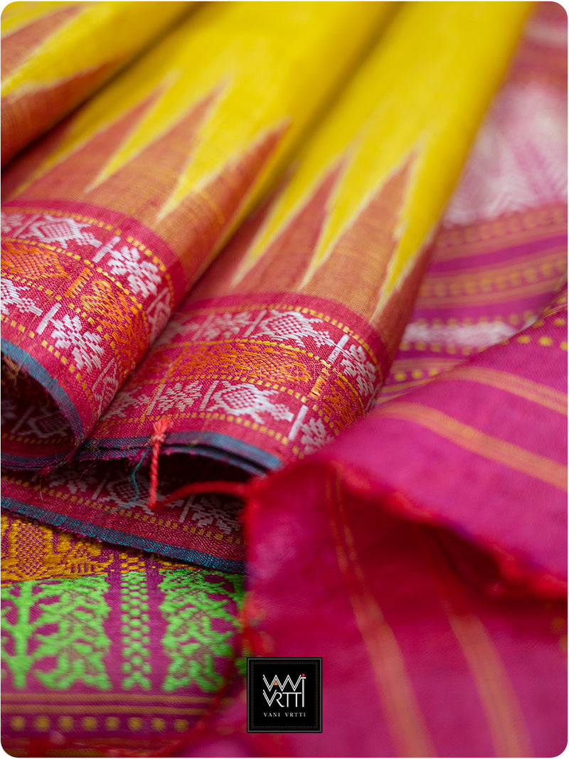 Banana Yellow Pink Kachhap Handspun Tussar Silk Saree
