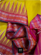 Banana Yellow Pink Kachhap Handspun Tussar Silk Saree