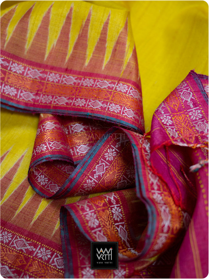 Banana Yellow Pink Kachhap Handspun Tussar Silk Saree