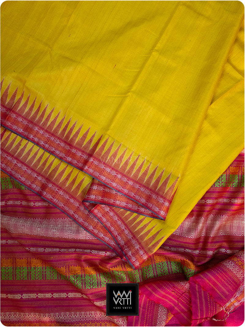 Banana Yellow Pink Kachhap Handspun Tussar Silk Saree