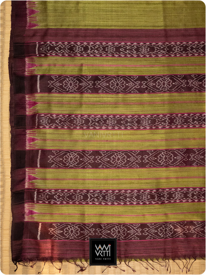 Banana Leaf Green Burgundy Nadi Handspun Tussar Silk Saree