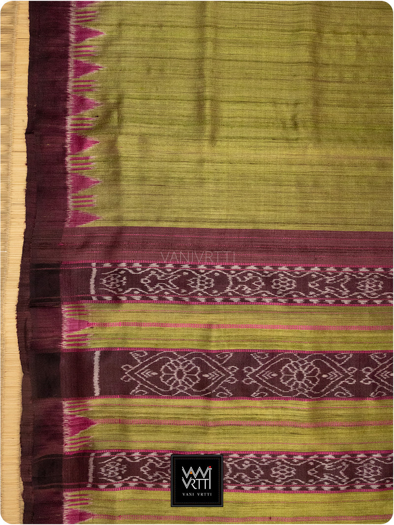 Banana Leaf Green Burgundy Nadi Handspun Tussar Silk Saree