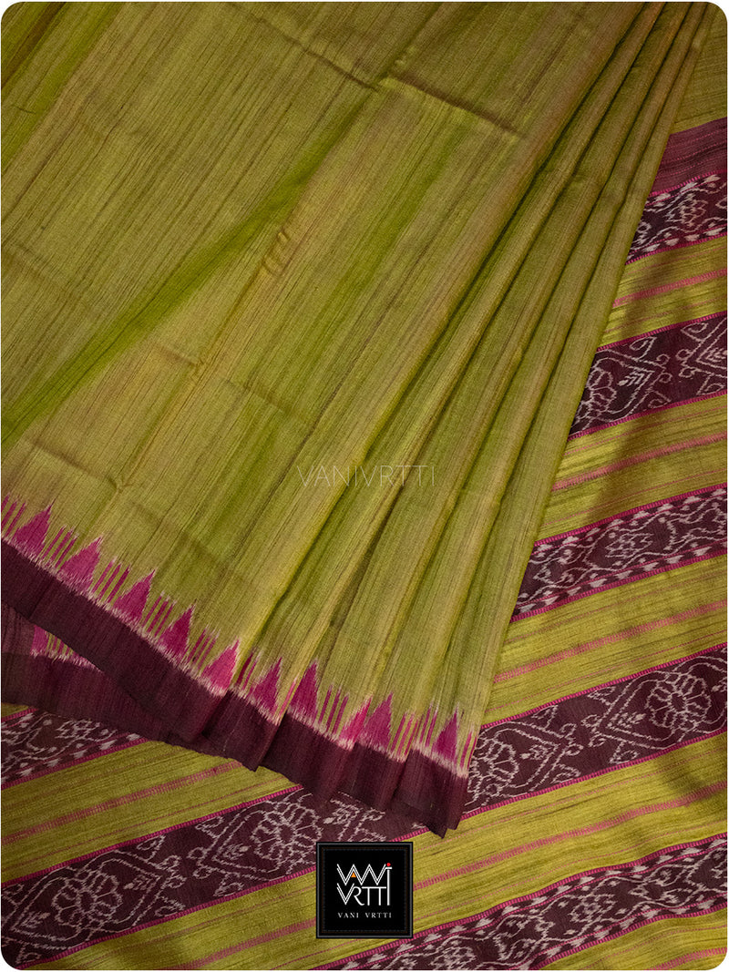 Banana Leaf Green Burgundy Nadi Handspun Tussar Silk Saree