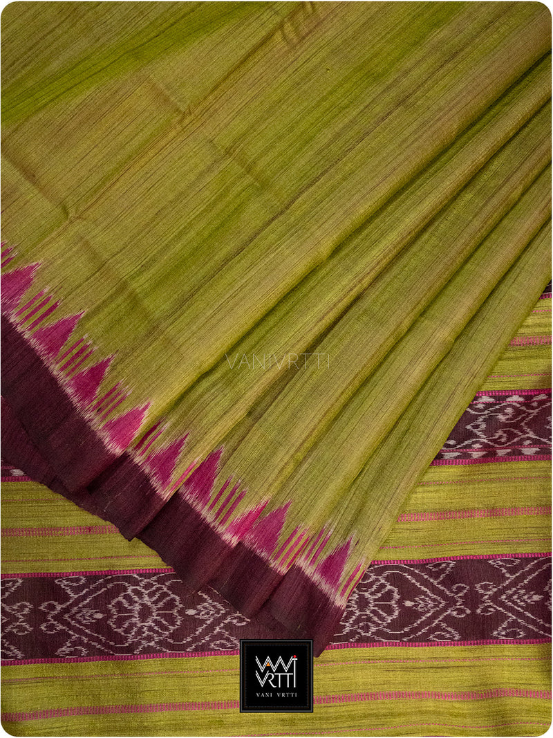 Banana Leaf Green Burgundy Nadi Handspun Tussar Silk Saree