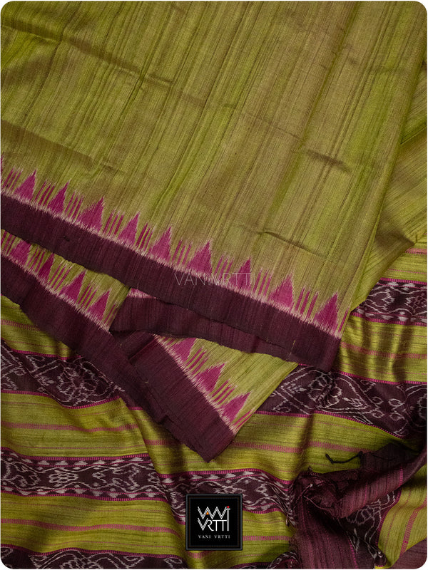 Banana Leaf Green Burgundy Nadi Handspun Tussar Silk Saree