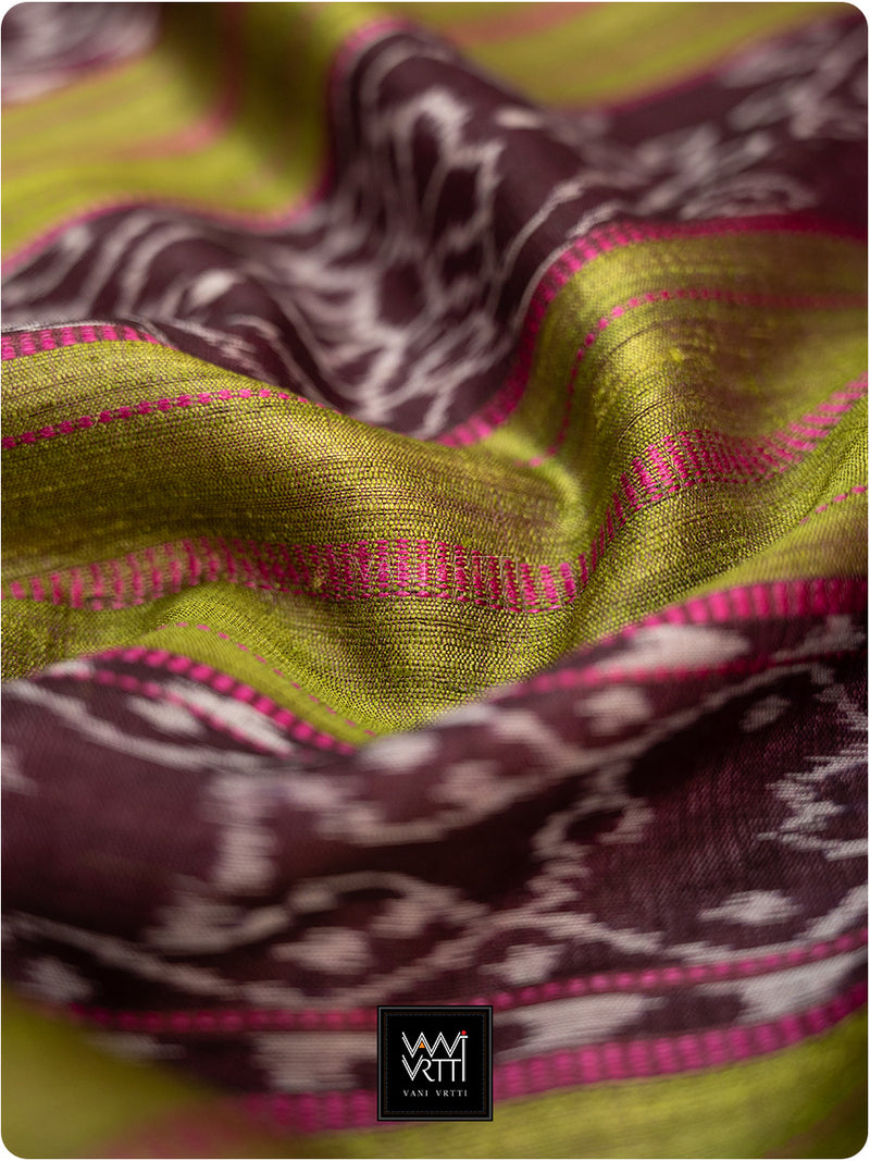 Banana Leaf Green Burgundy Nadi Handspun Tussar Silk Saree