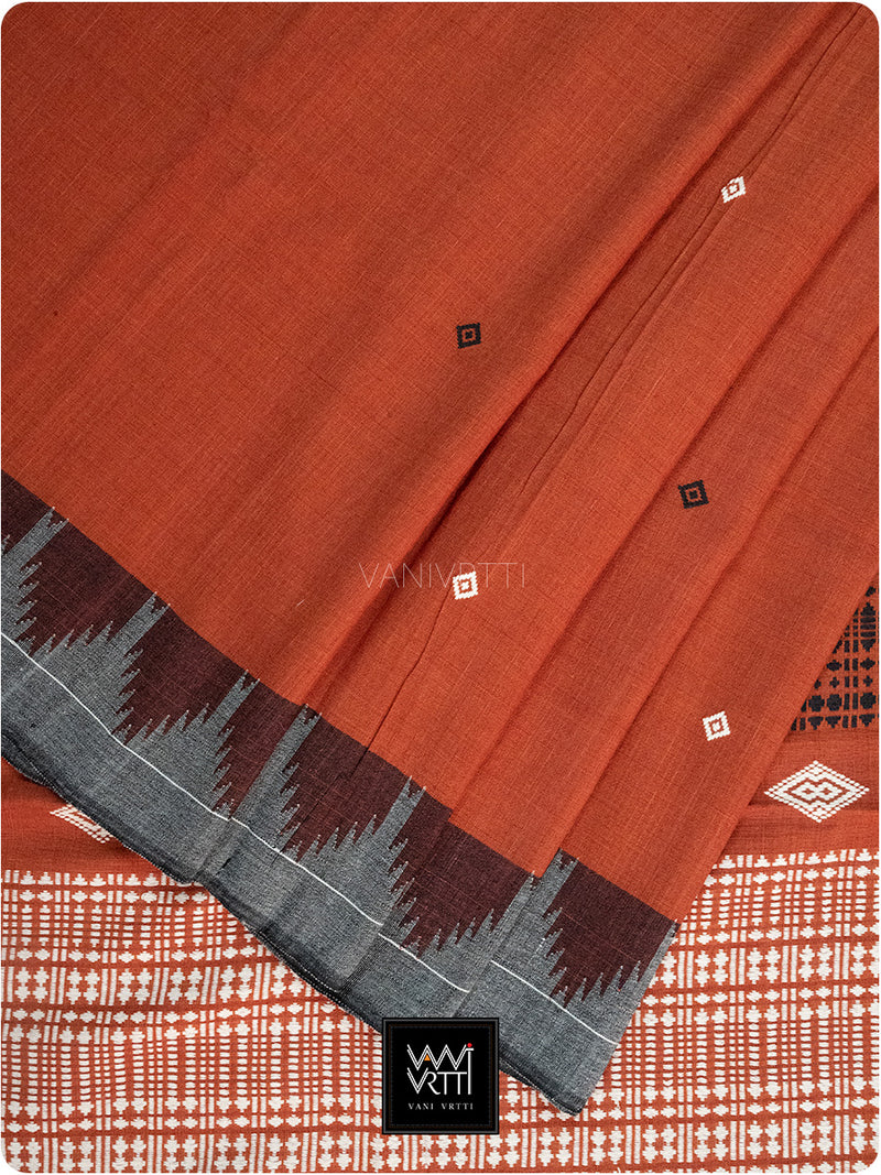 Brick Red Grey Natural Dyed Phoda Kumbha Handwoven Cotton Kotpad Saree