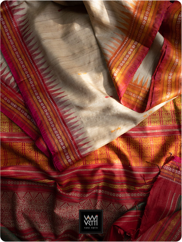 Off White Red Orange Ganga Jamuna Ananta Handspun Tussar Silk Saree