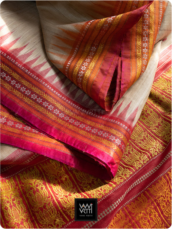 Off White Red Orange Ganga Jamuna Ananta Handspun Tussar Silk Saree
