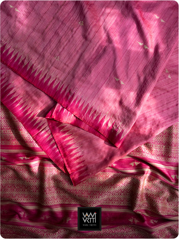 English Rose Pink Kalpavriksha Handspun Tussar Silk Saree