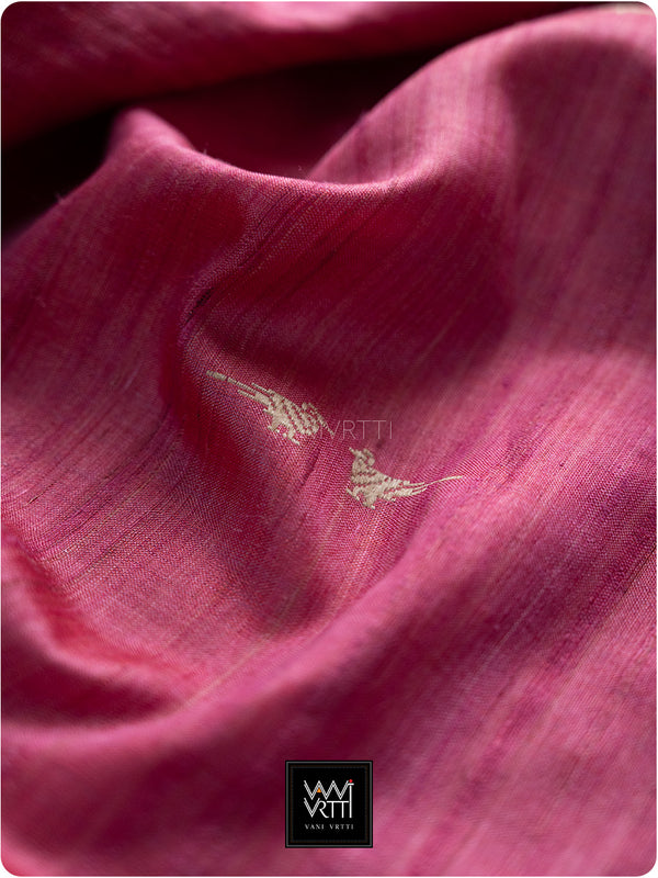 English Rose Pink Kalpavriksha Handspun Tussar Silk Saree