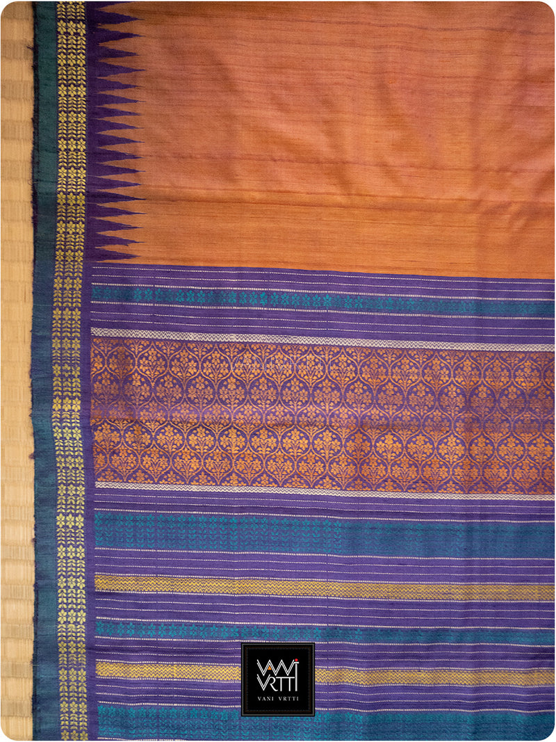 Rust Orange Purple Parijat Handspun Tussar Silk Saree