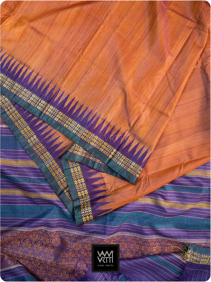 Rust Orange Purple Parijat Handspun Tussar Silk Saree