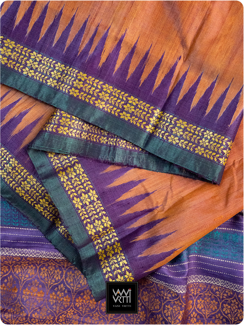 Rust Orange Purple Parijat Handspun Tussar Silk Saree