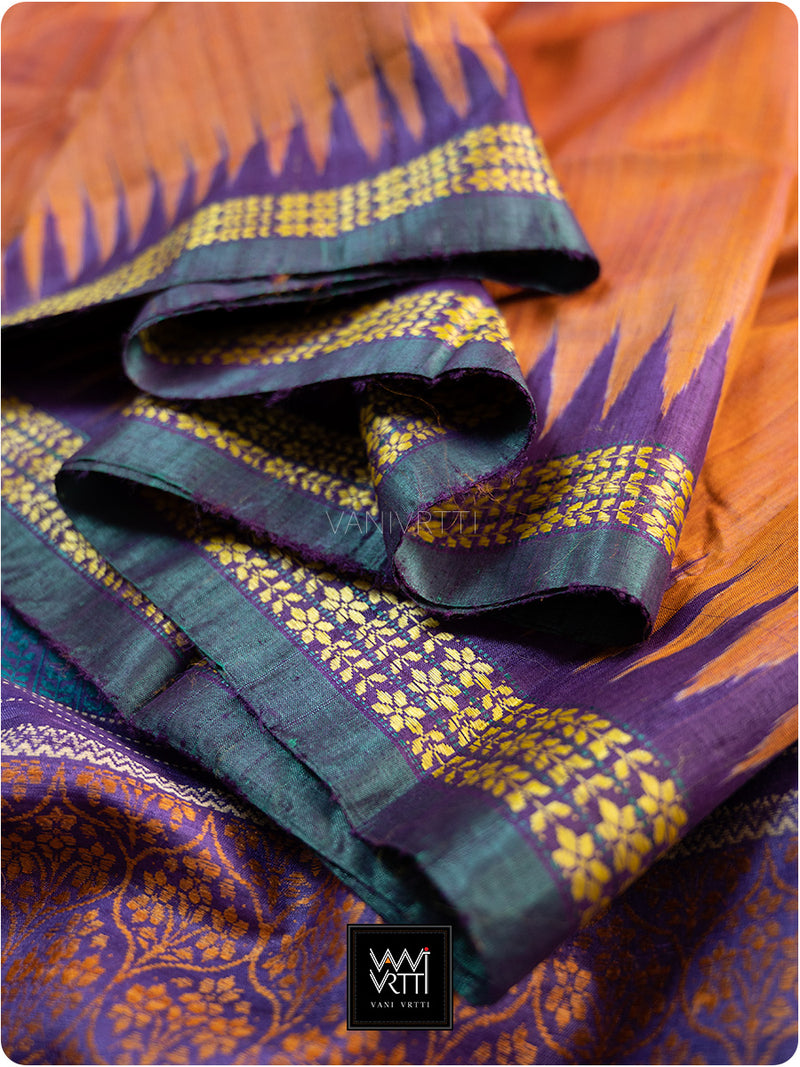 Rust Orange Purple Parijat Handspun Tussar Silk Saree