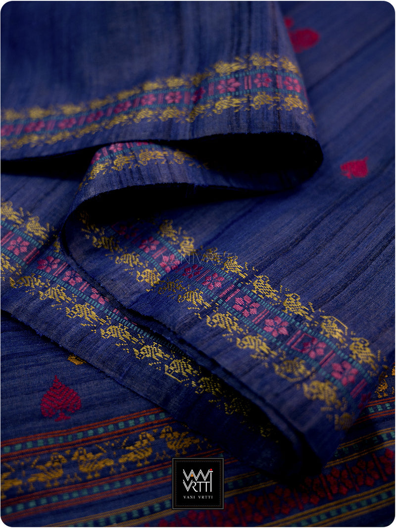 Ink Blue Mughal Garden Exclusive Handspun Tussar Silk Saree
