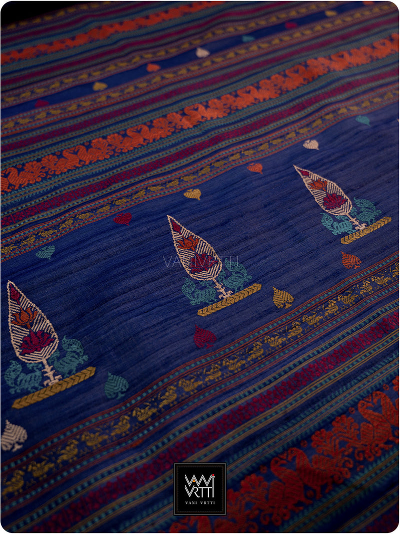 Ink Blue Mughal Garden Exclusive Handspun Tussar Silk Saree