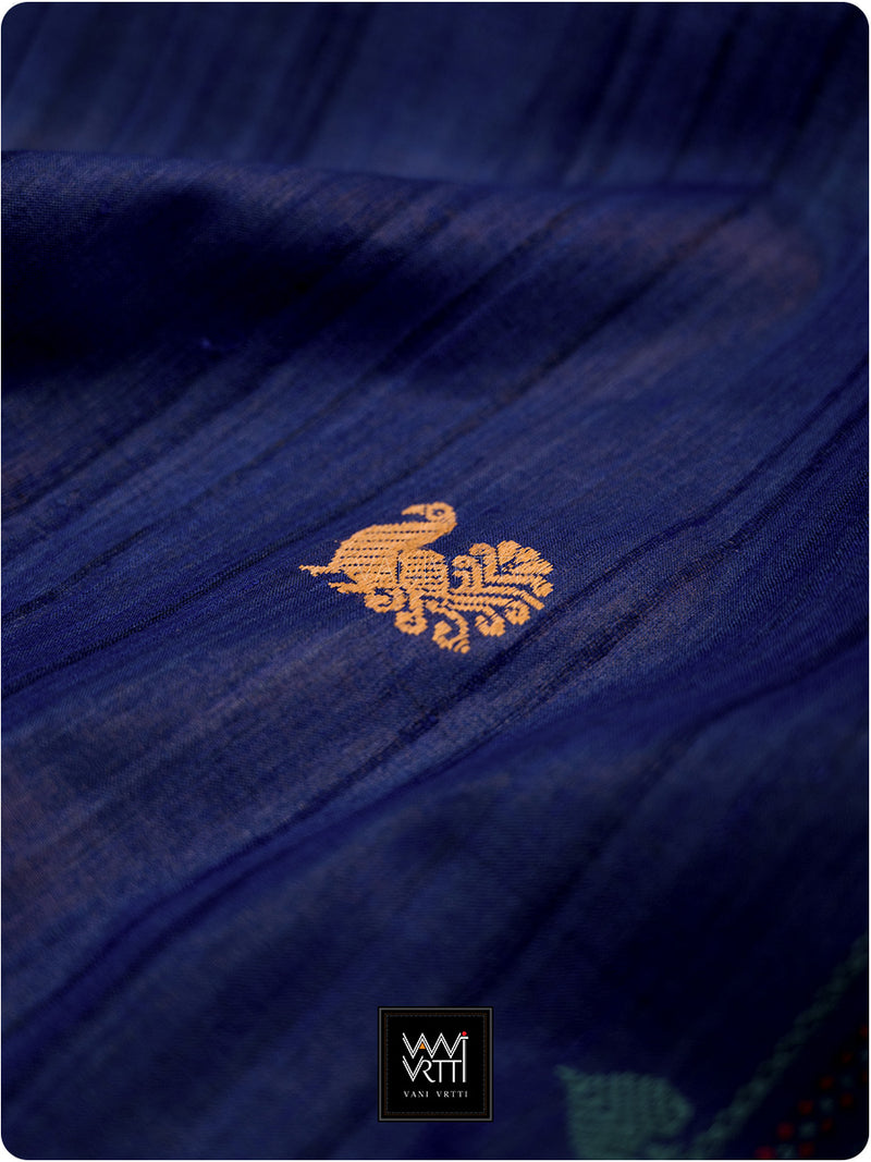 Ink Blue Mughal Garden Exclusive Handspun Tussar Silk Saree