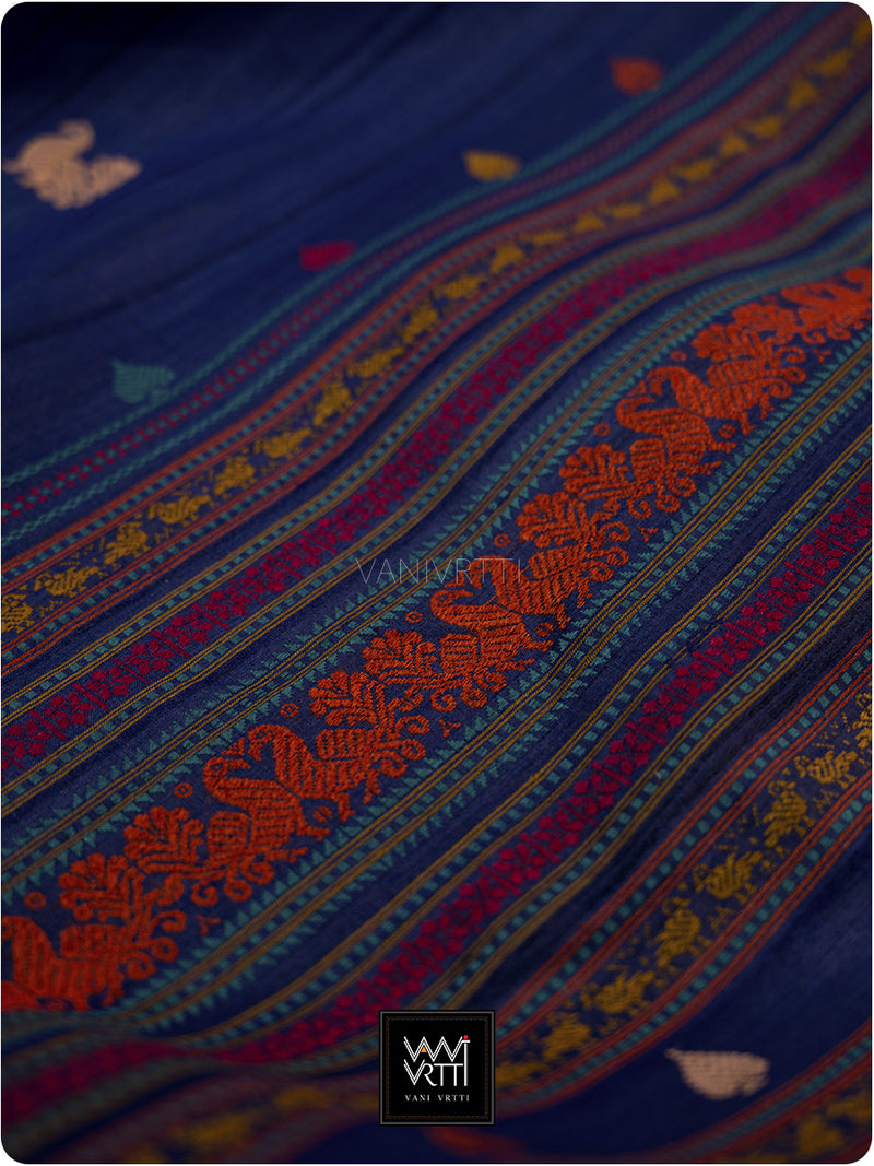 Ink Blue Mughal Garden Exclusive Handspun Tussar Silk Saree