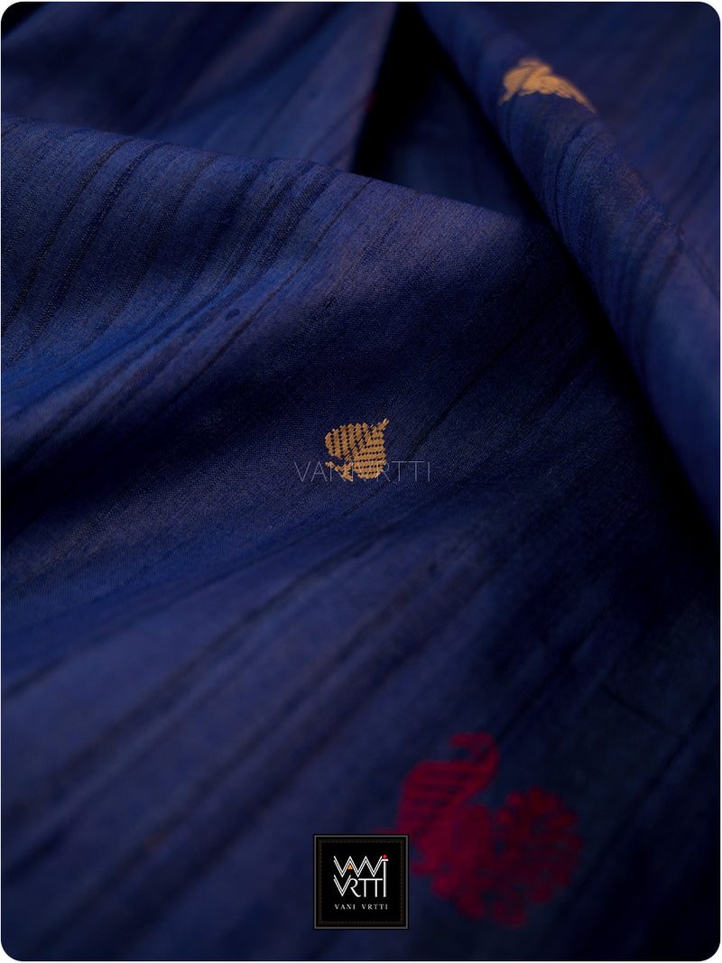 Ink Blue Mughal Garden Exclusive Handspun Tussar Silk Saree