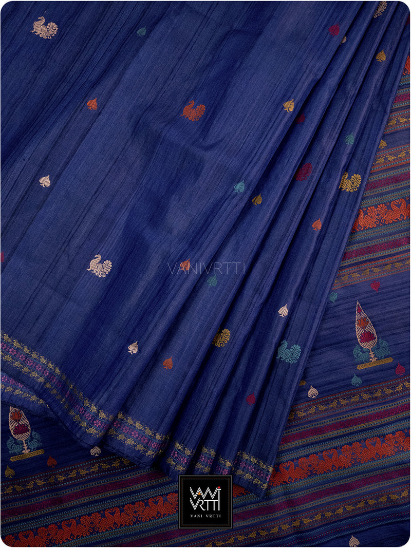 Ink Blue Mughal Garden Exclusive Handspun Tussar Silk Saree