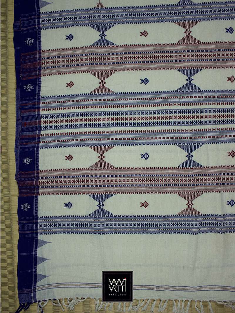 Off White Madder Indigo Natural Dyed Phoda Kumbha Handwoven Cotton Kotpad Saree