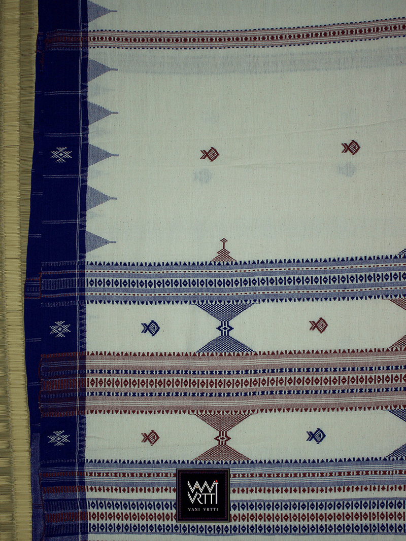 Off White Madder Indigo Natural Dyed Phoda Kumbha Handwoven Cotton Kotpad Saree