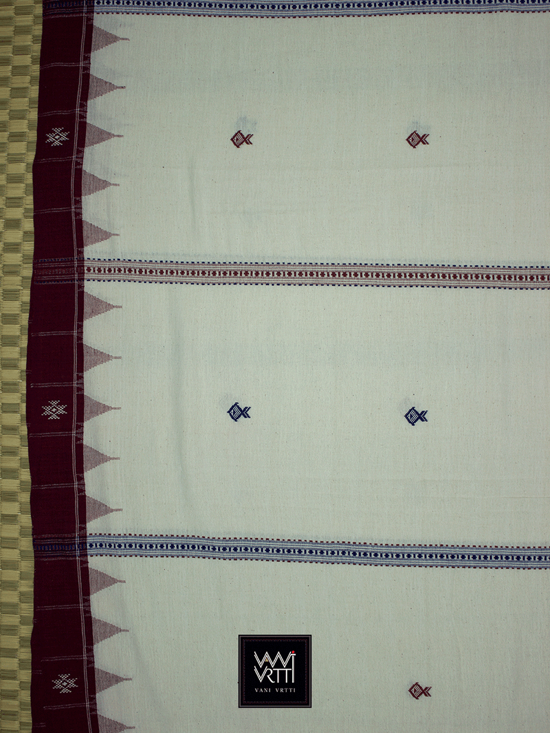Off White Madder Indigo Natural Dyed Phoda Kumbha Handwoven Cotton Kotpad Saree