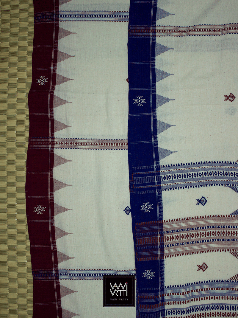 Off White Madder Indigo Natural Dyed Phoda Kumbha Handwoven Cotton Kotpad Saree