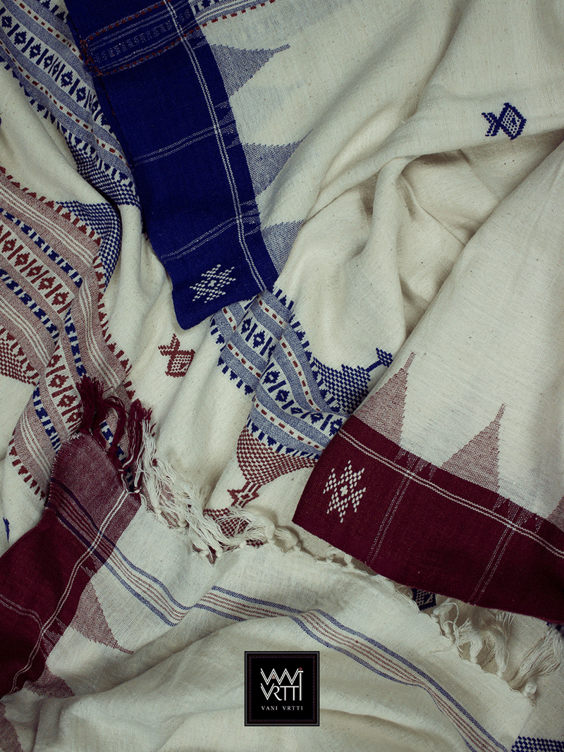 Off White Madder Indigo Natural Dyed Phoda Kumbha Handwoven Cotton Kotpad Saree
