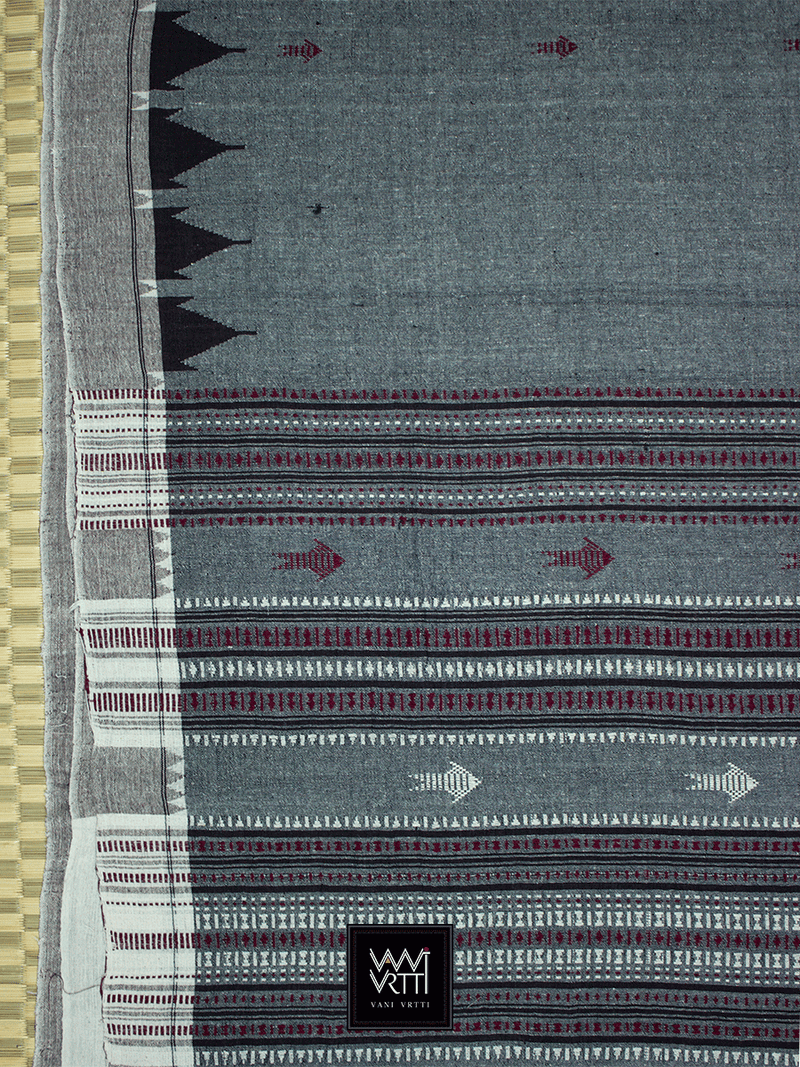 Grey Black Natural Dyed Phoda Kumbha Handwoven Cotton Kotpad Saree