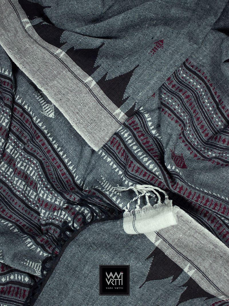 Grey Black Natural Dyed Phoda Kumbha Handwoven Cotton Kotpad Saree