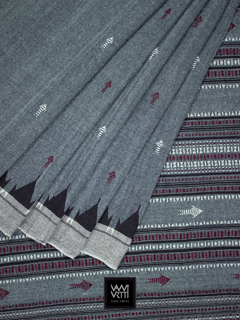 Grey Black Natural Dyed Phoda Kumbha Handwoven Cotton Kotpad Saree