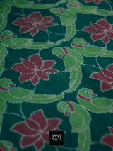 Bottle Green Red Lotus Parrot Fine Cotton Ikat Blouse