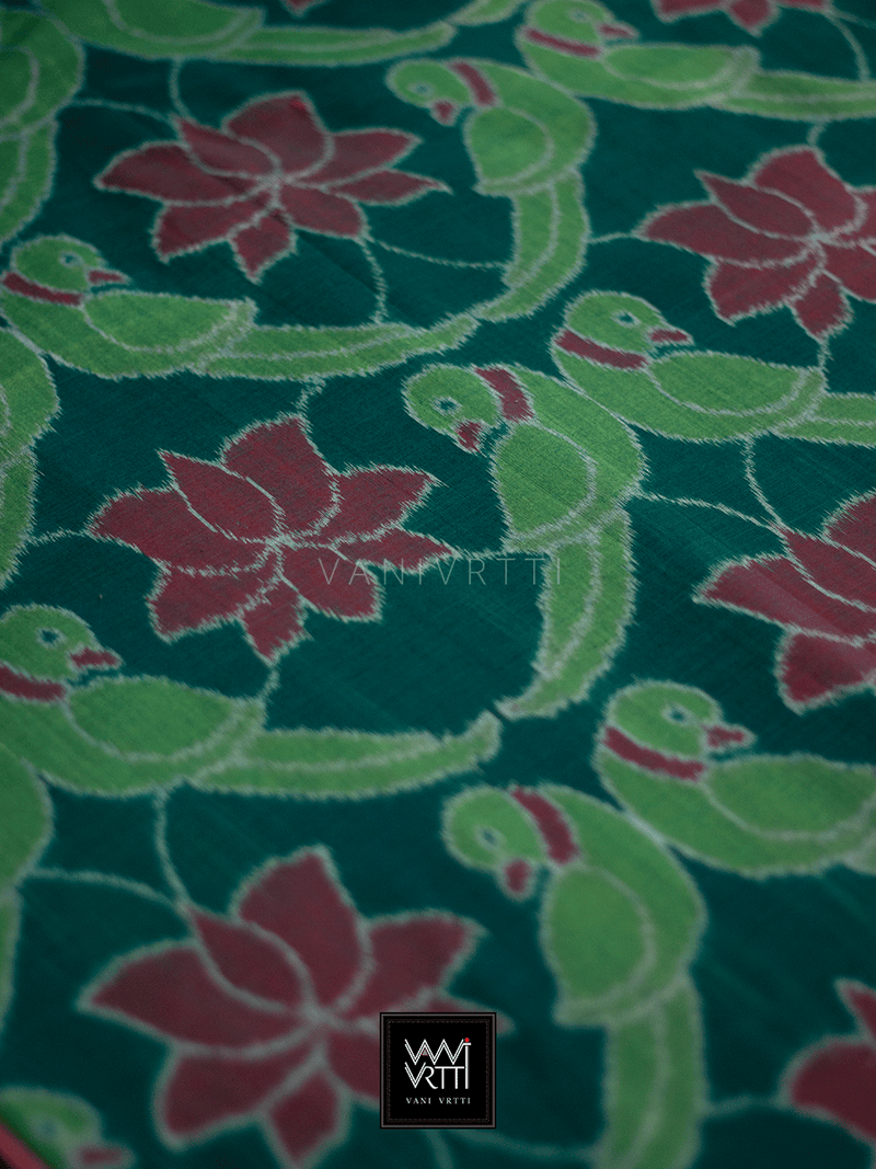 Bottle Green Red Lotus Parrot Fine Cotton Ikat Blouse