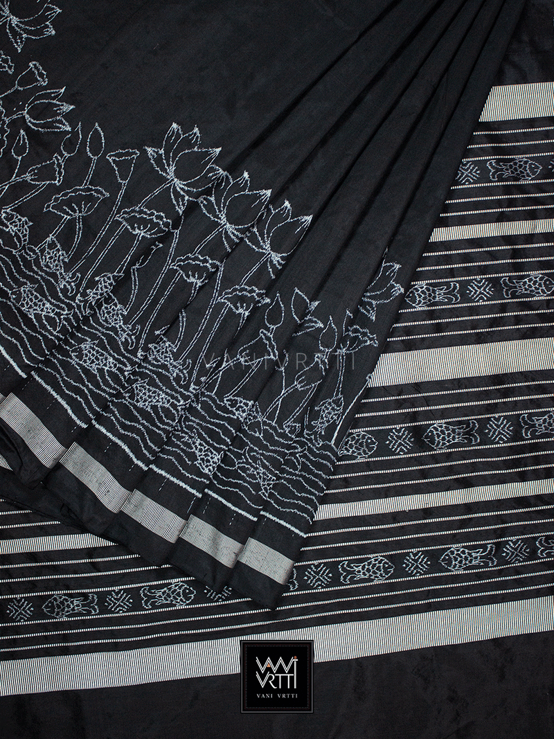 Black Lotus Pond Designer Pure Mulberry Silk Ikat Saree