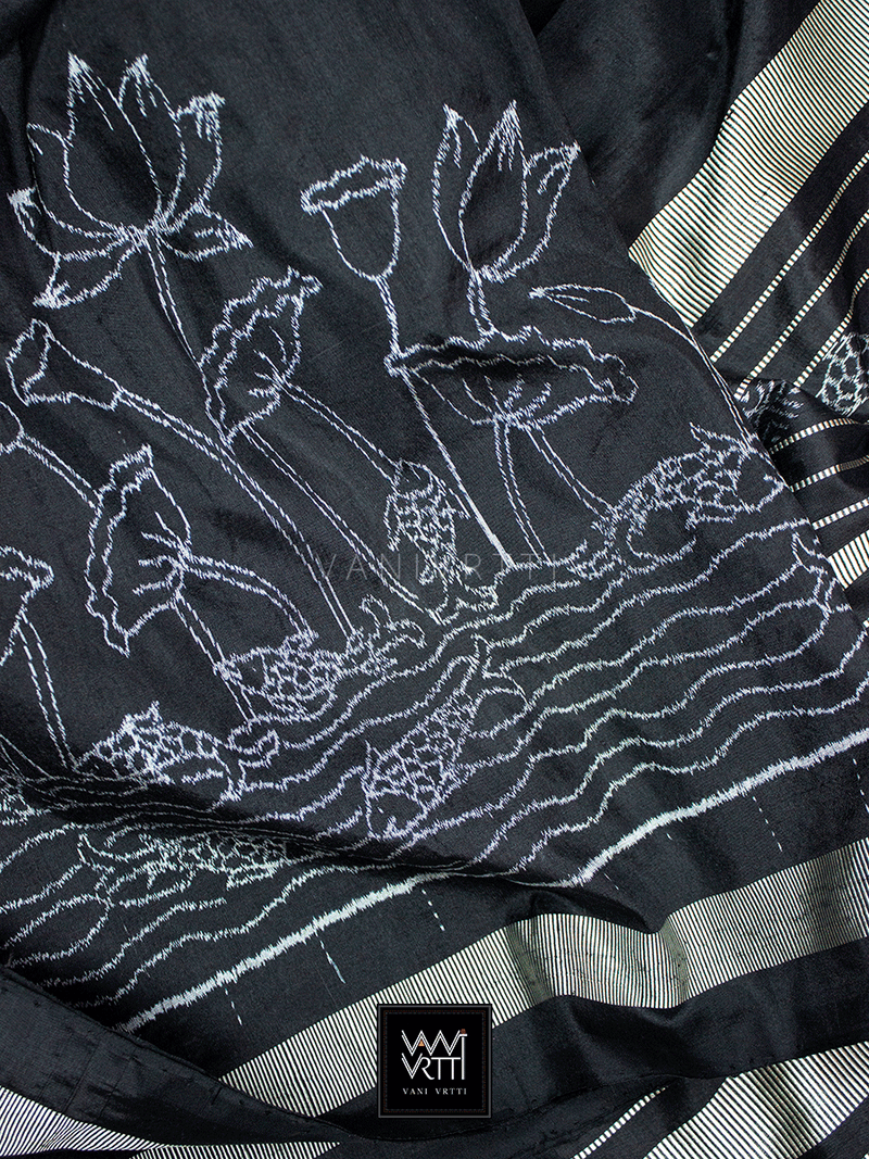 Black Lotus Pond Designer Pure Mulberry Silk Ikat Saree