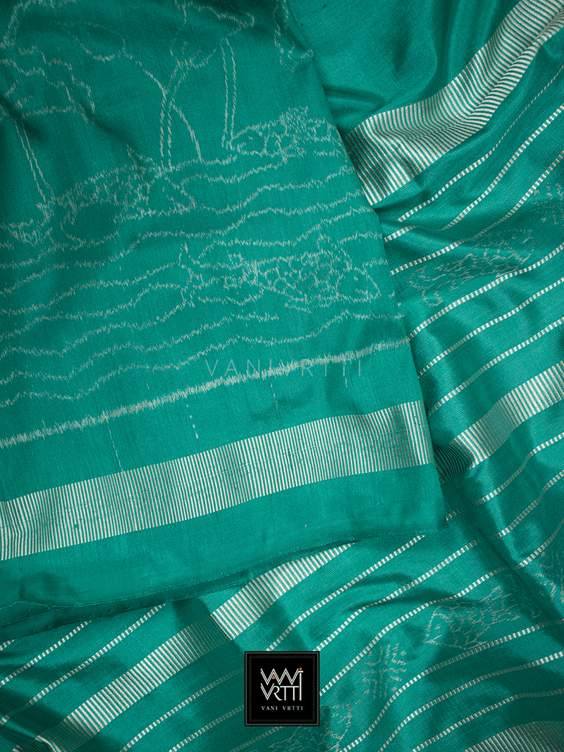 Sea Green Lotus Pond Designer Pure Mulberry Silk Ikat Saree