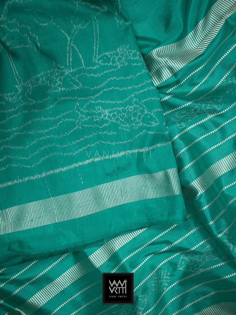 Sea Green Lotus Pond Designer Pure Mulberry Silk Ikat Saree