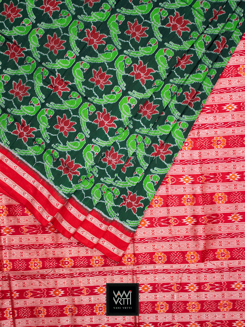 Emerald Green Ganga Jamuna Lotus Parrot Designer Mulberry Silk Ikat Saree