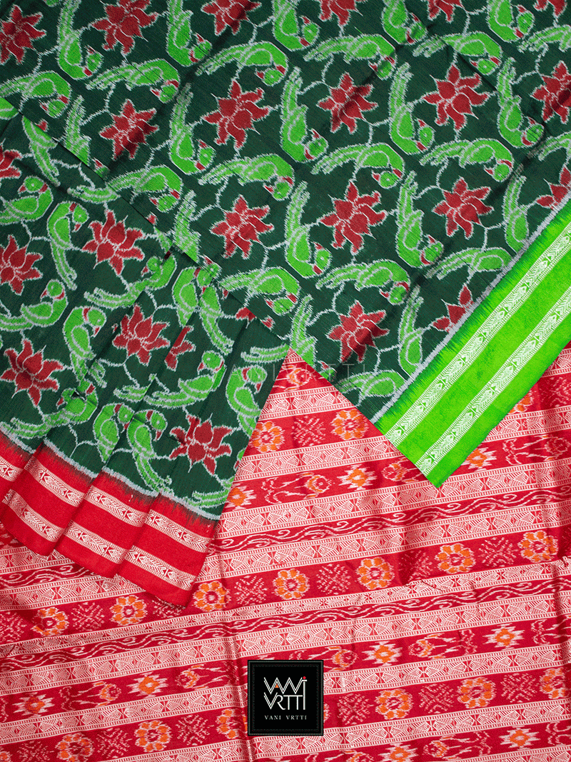 Emerald Green Ganga Jamuna Lotus Parrot Designer Mulberry Silk Ikat Saree