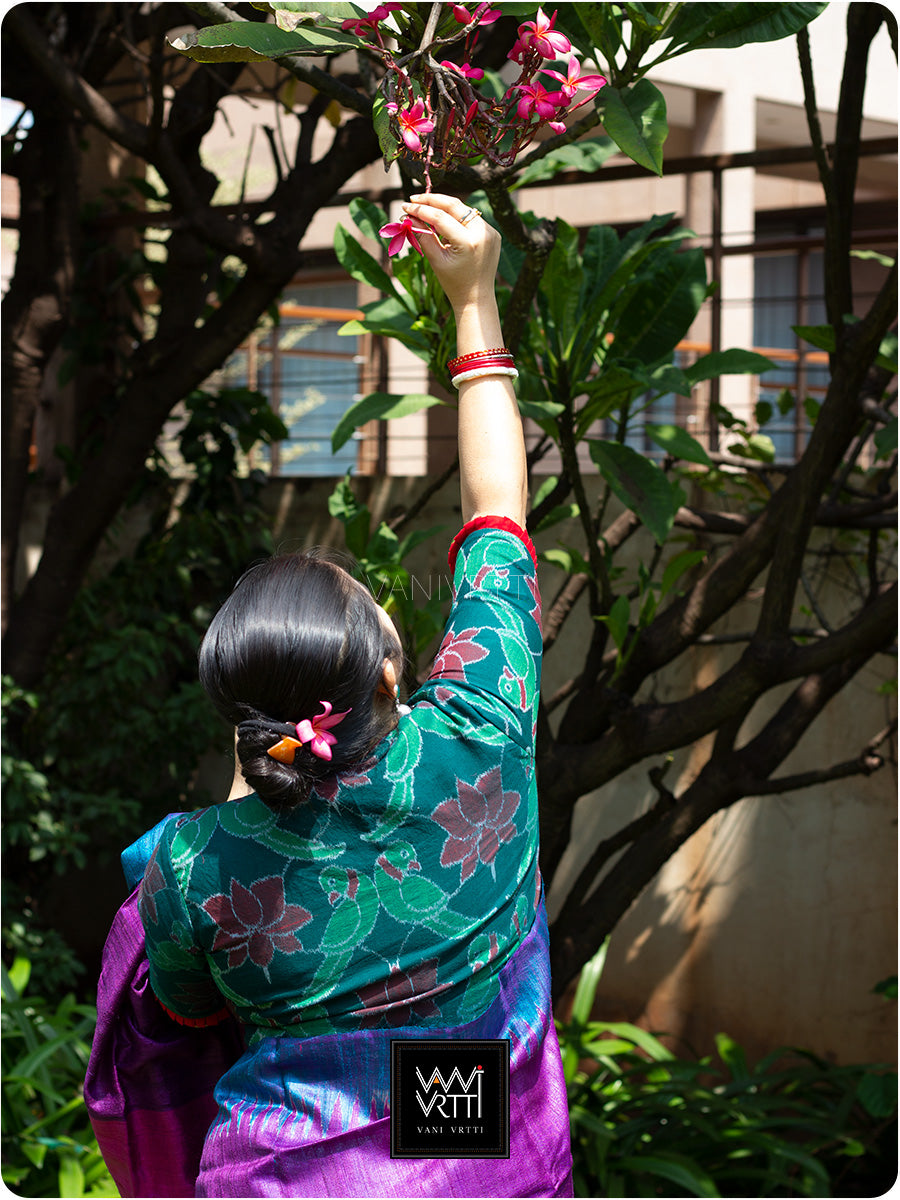 Bottle Green Red Lotus Parrot Fine Cotton Ikat Blouse