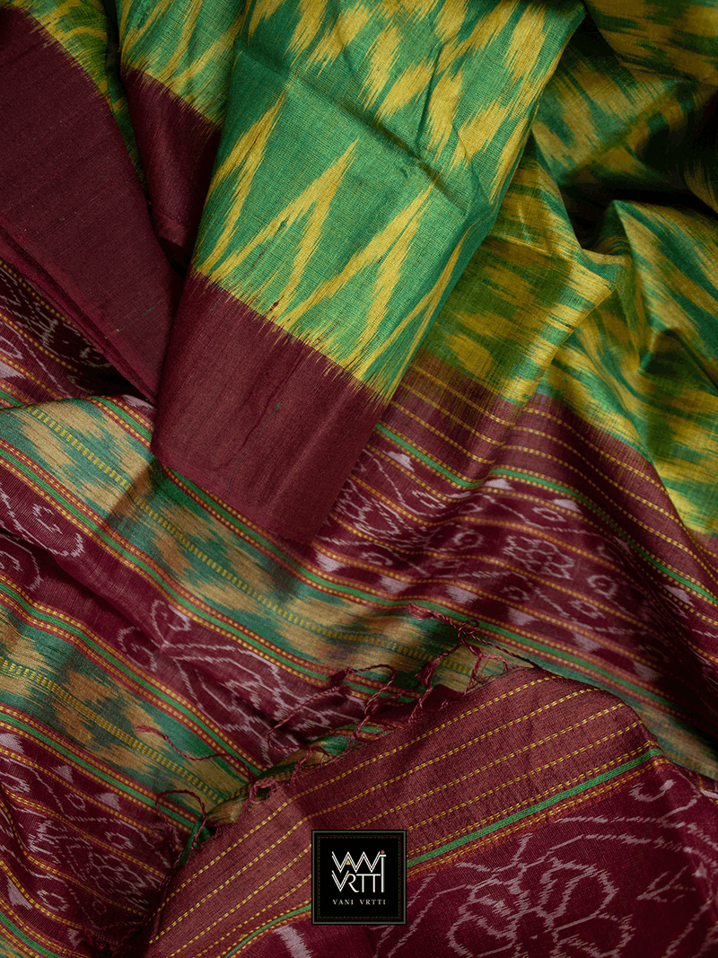 Green Yellow Coffee Basant Ikkat Khadi Tussar Silk Saree